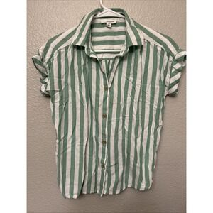 Beach Lunch Lounge Striped Short Sleeve Button Up Top Size XS Green And White